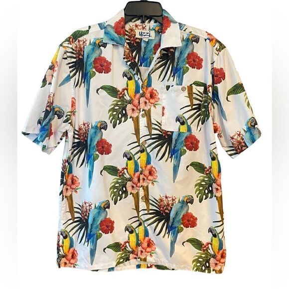 Uzzi Sz M White Red Parrot Print Amphibious Gear Aloha Button Up Collar Shirt - Picture 1 of 6